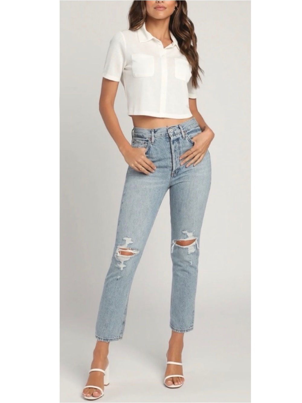 AGOLDE Riley Jeans High Rise Distressed Straight Cropped Light Blue Size 24
